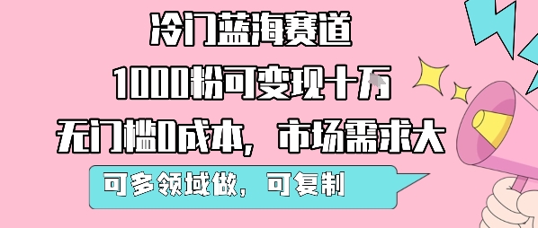 冷门蓝海赛道,1000粉可变现十W,无门槛0成本,市场需求大,可多领域做,可复制性强-小言网创资源站