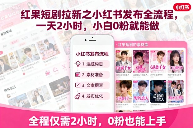 红果短剧拉新之小红书发布全流程，一天2小时，小白0粉就能做-小言网创资源站
