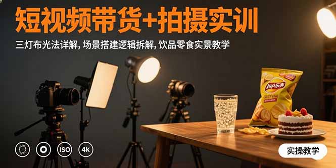 短视频带货+拍摄实训：三灯布光法详解,场景搭建逻辑拆解,饮品零食实景教学-小言网创资源站