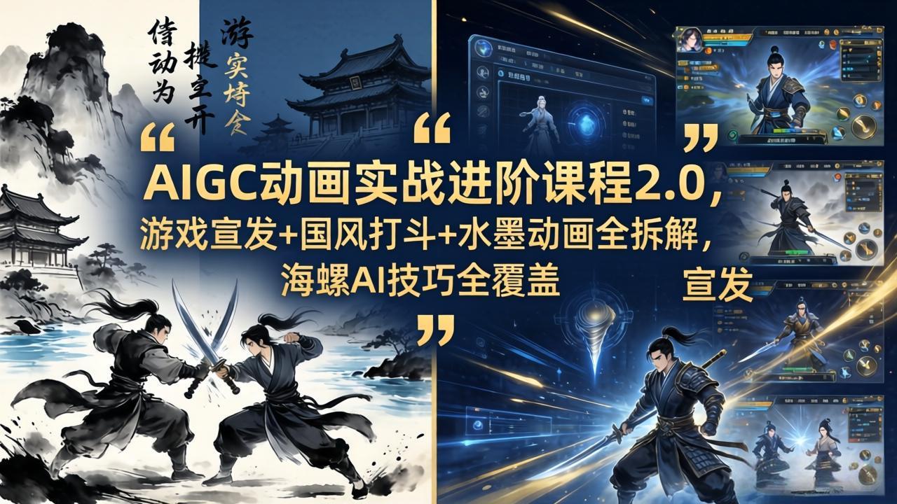 AIGC动画实战进阶课程2.0，游戏宣发+国风打斗+水墨动画全拆解，海螺AI技巧全覆盖-小言网创资源站