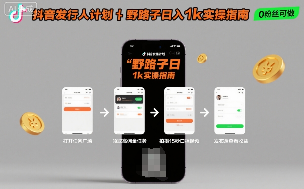 抖音发行人计划全新野路子玩法，随时随地，只要有手机，就能操作，日入1k+【揭秘】-小言网创资源站