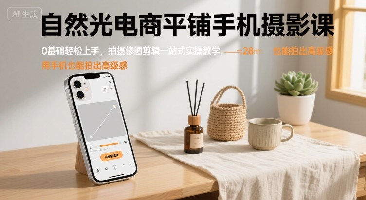 自然光电商平铺手机摄影课，0基础轻松上手，拍摄修图剪辑一站式实操教学，用手机也能拍出高级感-小言网创资源站