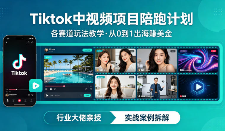 某大佬的Tiktok中视频项目陪跑，涵盖TK各个赛道玩法教学，从0到1出海賺美金-小言网创资源站