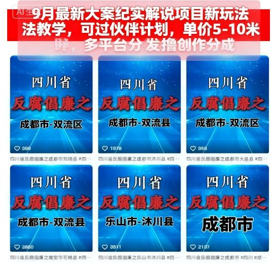 9月最新大案纪实解说项目新玩法教学，可过伙伴计划，单价5-10米，多平台分发撸创作分成-小言网创资源站