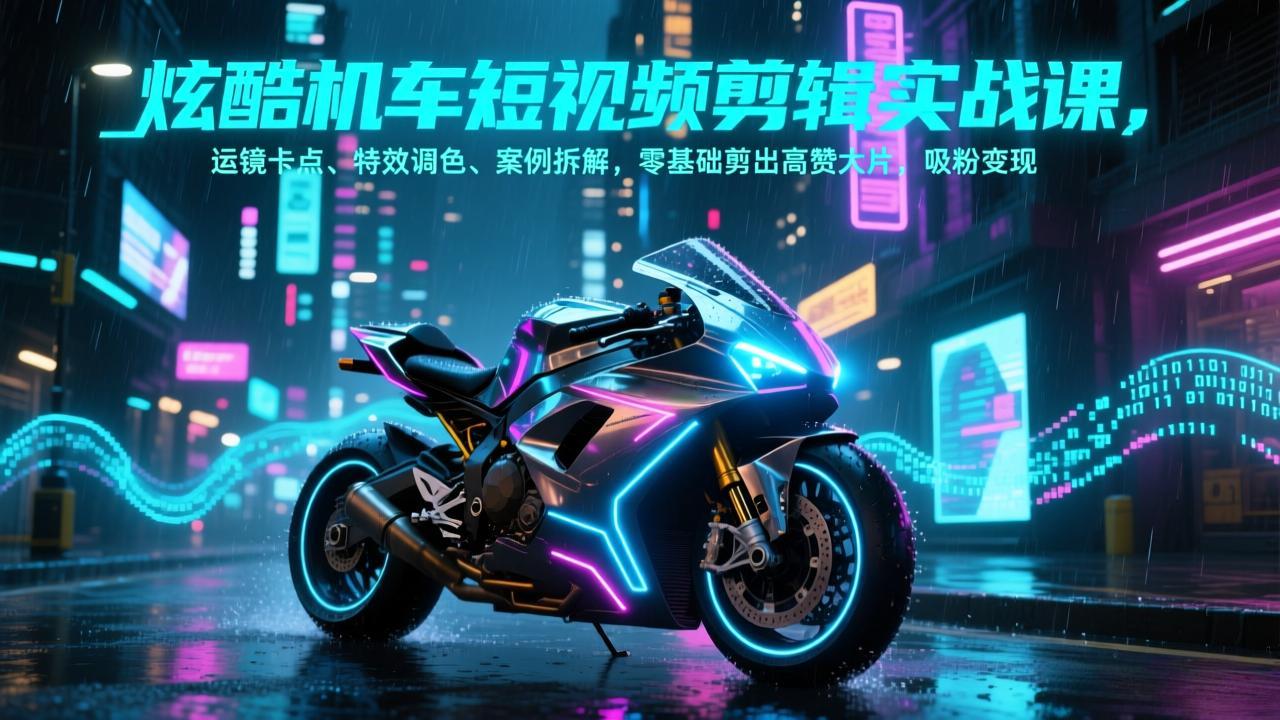 炫酷机车短视频剪辑实战课，运镜卡点、特效调色、案例拆解，零基础剪出高赞大片，吸粉变现-小言网创资源站