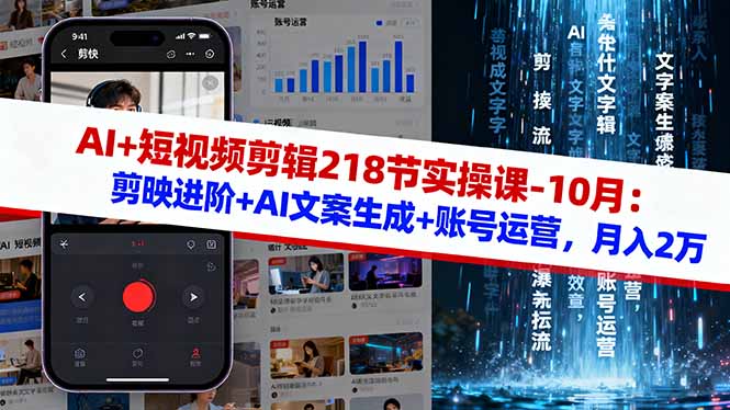 AI+短视频剪辑218节实操课-10月：剪映进阶+AI文案生成+账号运营，月入2万-小言网创资源站