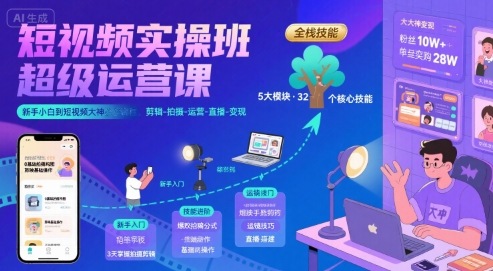 短视频实操班超级运营课，新手小白到短视频大神必修课程，剪辑-拍摄-运营-直播-变现-小言网创资源站
