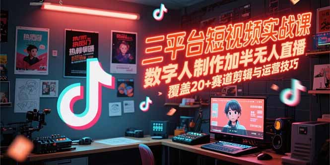 三平台短视频实战课，数字人制作加半无人直播，覆盖20+赛道剪辑与运营技巧-小言网创资源站