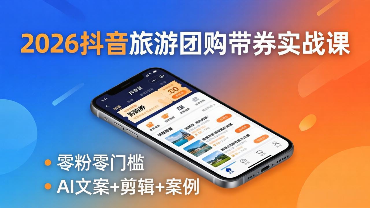 2026抖音旅游团购带券实战课：零粉零门槛，AI文案+剪辑+案例，躺着赚门票佣金-小言网创资源站