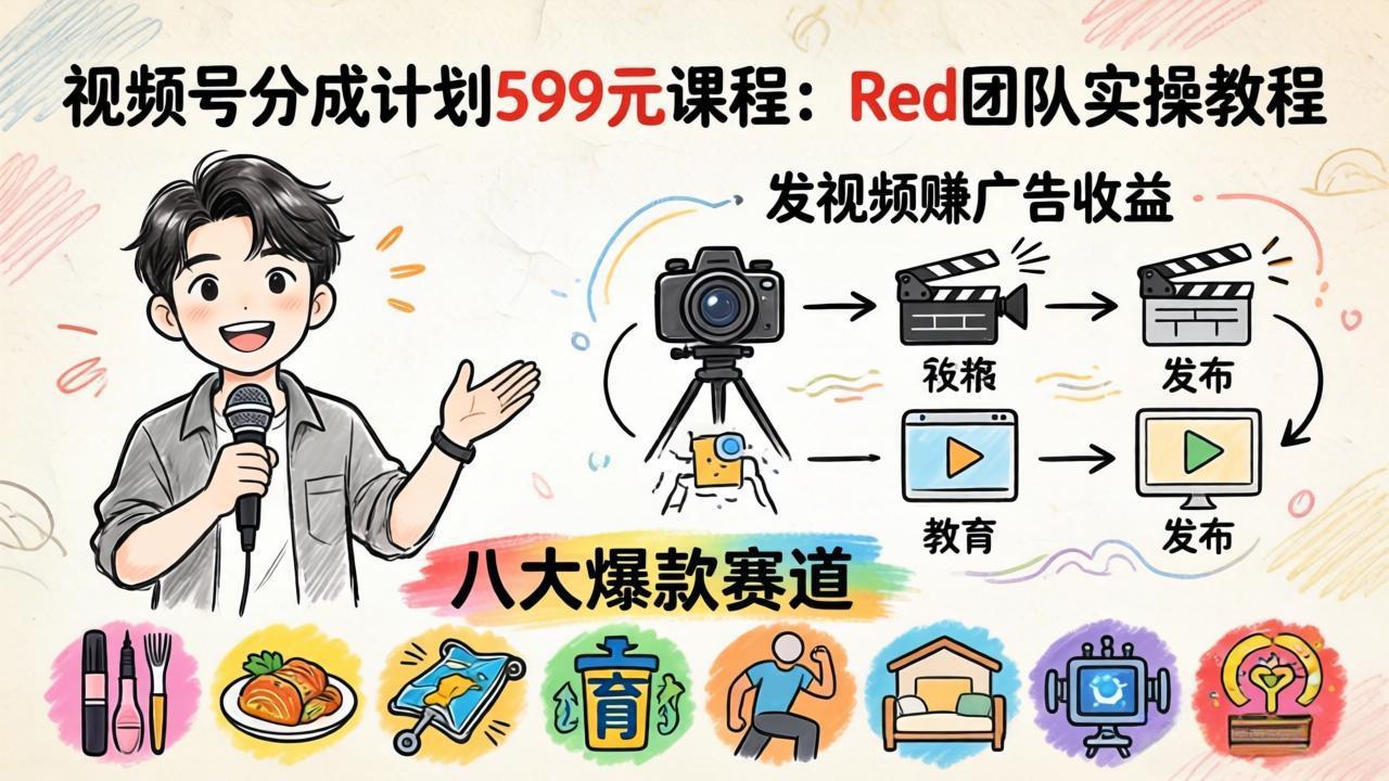 视频号分成计划599元课程：Red团队实操教程，发视频赚广告收益，八大爆款赛道全掌握-小言网创资源站