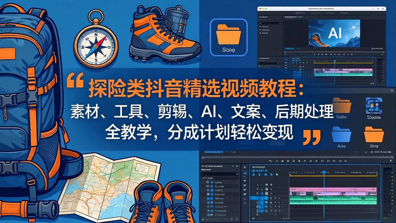 探险类抖音精选视频教程：素材、工具、剪辑、AI、文案、后期处理全教学，分成计划轻松变现-小言网创资源站
