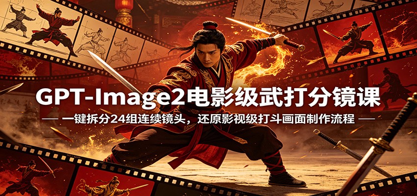 GPT-Image2电影级武打分镜课：一键拆分24组连续镜头，还原影视级打斗画面制作流程-小言网创资源站