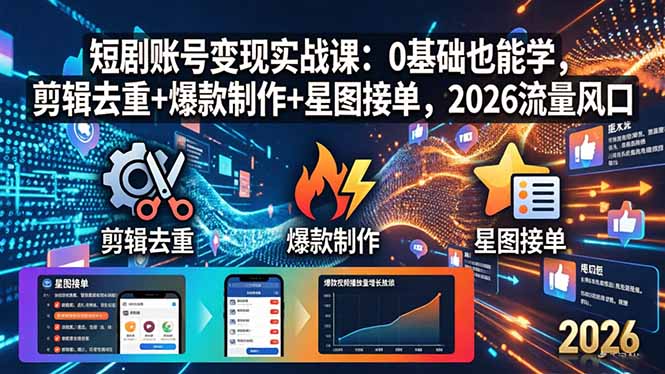 短剧账号变现实战课：0基础也能学，剪辑去重+爆款制作+星图接单，2026流量风口-小言网创资源站