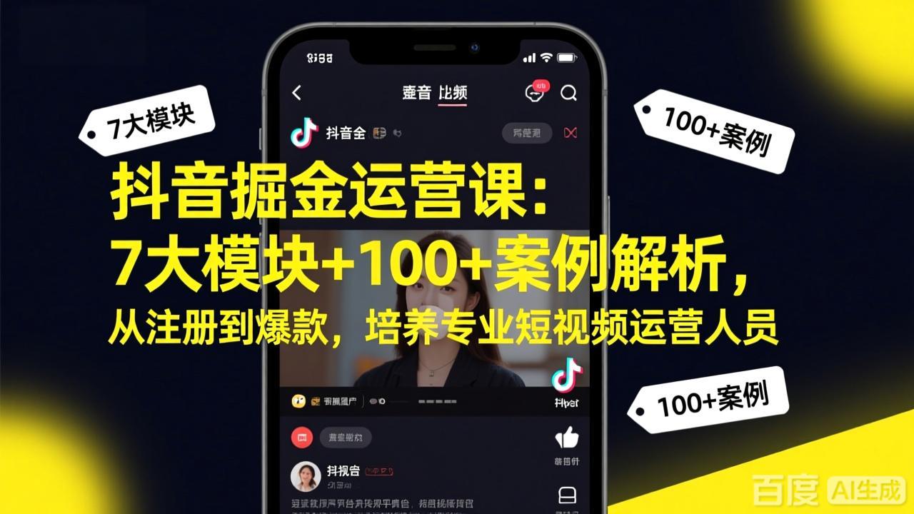 抖音掘金运营课：7大模块+100+案例解析，从注册到爆款，培养专业短视频运营人员-小言网创资源站