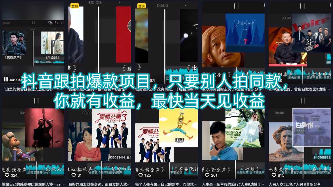 抖音跟拍爆款项目，只要别人拍同款，你就有收益，最快当天见收益-小言网创资源站