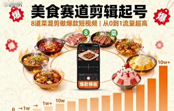 美食赛道剪辑起号，8道菜混剪做爆款短视频，从0到1，流量超高-小言网创资源站