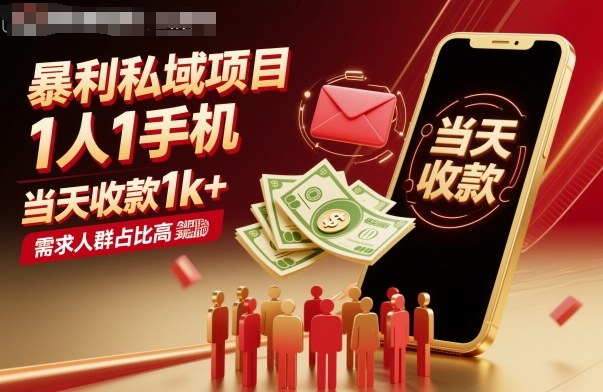 暴利私域项目1人1手机，当天收款1k+，需求人群占比高，当天就能见到钱-小言网创资源站
