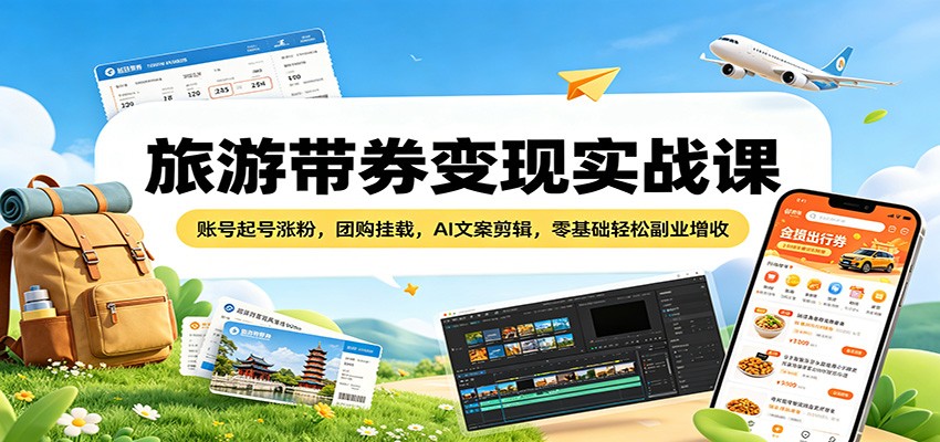 旅游带券变现实战课：账号起号涨粉，团购挂载，AI文案剪辑，零基础轻松副业增收-小言网创资源站