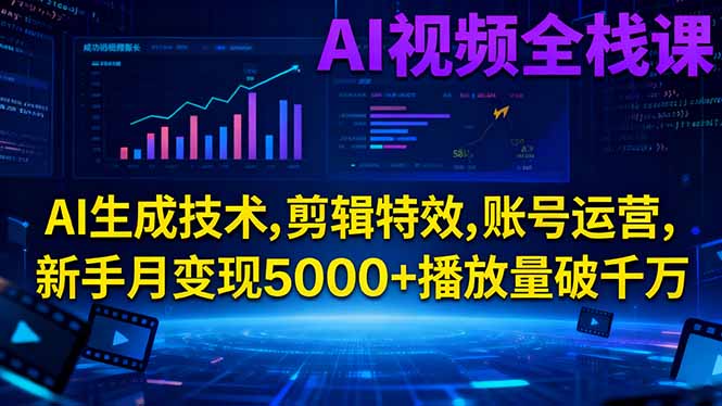 AI视频全栈课:AI生成技术,剪辑特效,账号运营,新手月变现5000+播放量破千万-小言网创资源站