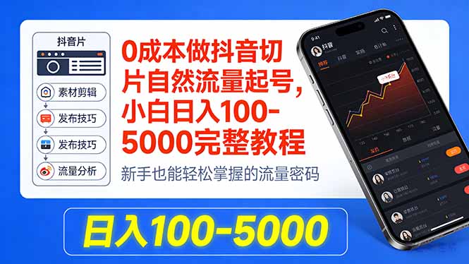 0成本做抖音切片自然流量起号，小白日入100-5000完整教程-小言网创资源站
