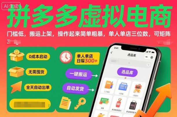 拼多多虚拟电商，门槛低，搬运上架，操作起来简单粗暴，单人单店三位数，可矩阵-小言网创资源站