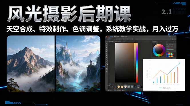 风光摄影后期课，一键换天空合成、特效制作、色调调整，月入过万-小言网创资源站