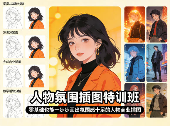 人物氛围插图特训班，零基础也能一步步画出氛围感十足的人物商业插图-小言网创资源站