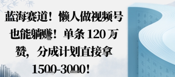 蓝海赛道，懒人做视频号也能躺挣，单条120W赞，分成计划直接拿1.5k，不用拍不用剪-小言网创资源站
