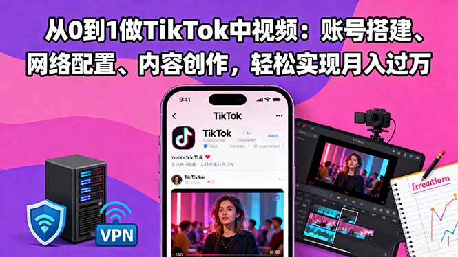 从0到1做TikTok中视频：账号搭建、网络配置、内容创作，轻松实现月入过万-小言网创资源站