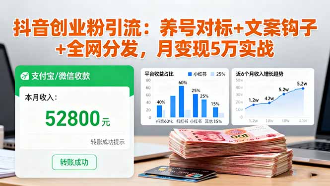 抖音创业粉引流：养号对标+文案钩子+全网分发，月变现5万实战-小言网创资源站