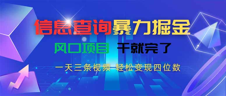 信息查询暴力掘金，一天三条视频 轻松变现四位数，风口项目干就完了-小言网创资源站