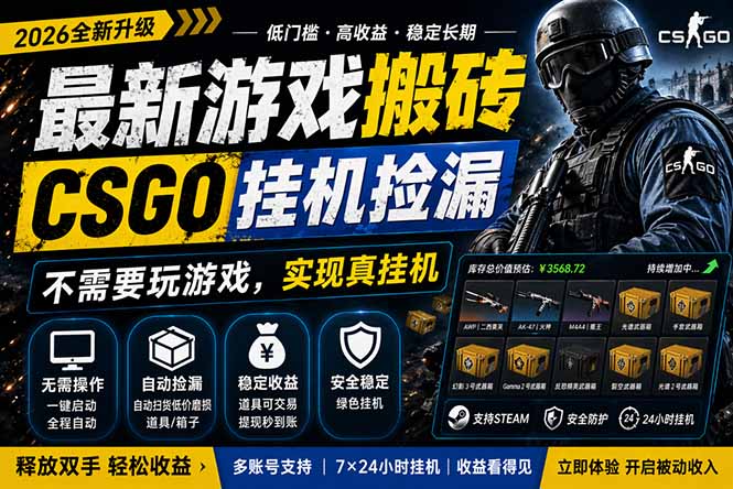 最新游戏搬砖，CSGO纯挂机，不需要玩游戏，实现真挂机，月入1W+，五一小高峰上车可吃肉，…-小言网创资源站