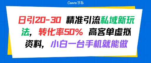 日引 20-30 精准引流私域新玩法，转化率50% 高客单虚拟资料，小白一台手机就能做-小言网创资源站