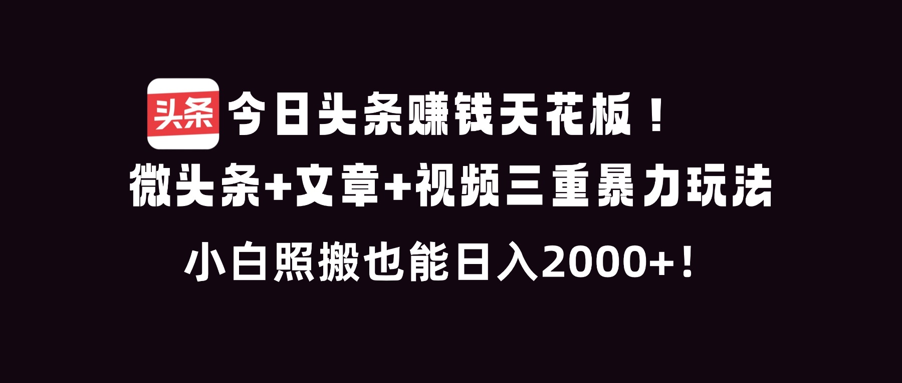 今日头条赚钱天花板！微头条+文章+视频三重暴利玩法，小白照搬也能日人2000+-小言网创资源站