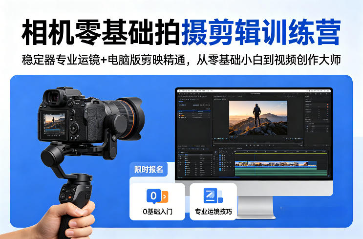 相机零基础拍摄剪辑训练营：稳定器专业运镜+电脑版剪映精通，从零基础小白到视频创作大师-小言网创资源站