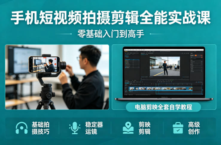 手机短视频拍摄剪辑全能实战课：零基础入门到高手，稳定器运镜+电脑剪映全套自学教程-小言网创资源站