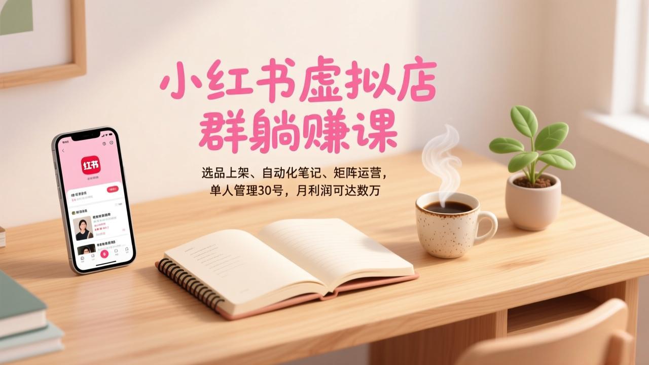 小红书虚拟店群躺赚课，选品上架、自动化笔记、矩阵运营，单人管理30号，月利润可达数万-小言网创资源站