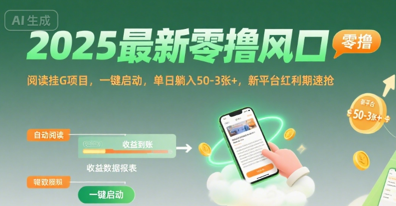 2025最新零撸风口，阅读挂G项目，一键启动，单日躺入 50-3张+，新平台红利期速抢【揭秘】-小言网创资源站