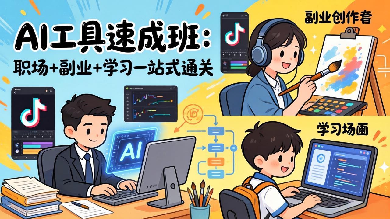 AI工具速成班：职场+副业+学习一站式通关，20+爆款类型+剪映技巧+抖音算法，0基础快速上手-小言网创资源站