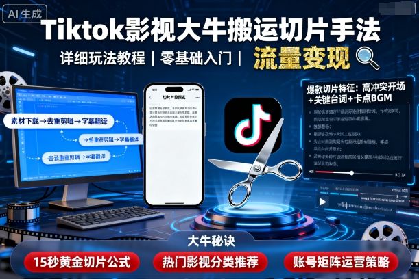 Tiktok影视大牛搬运切片手法，详细玩法教程-小言网创资源站