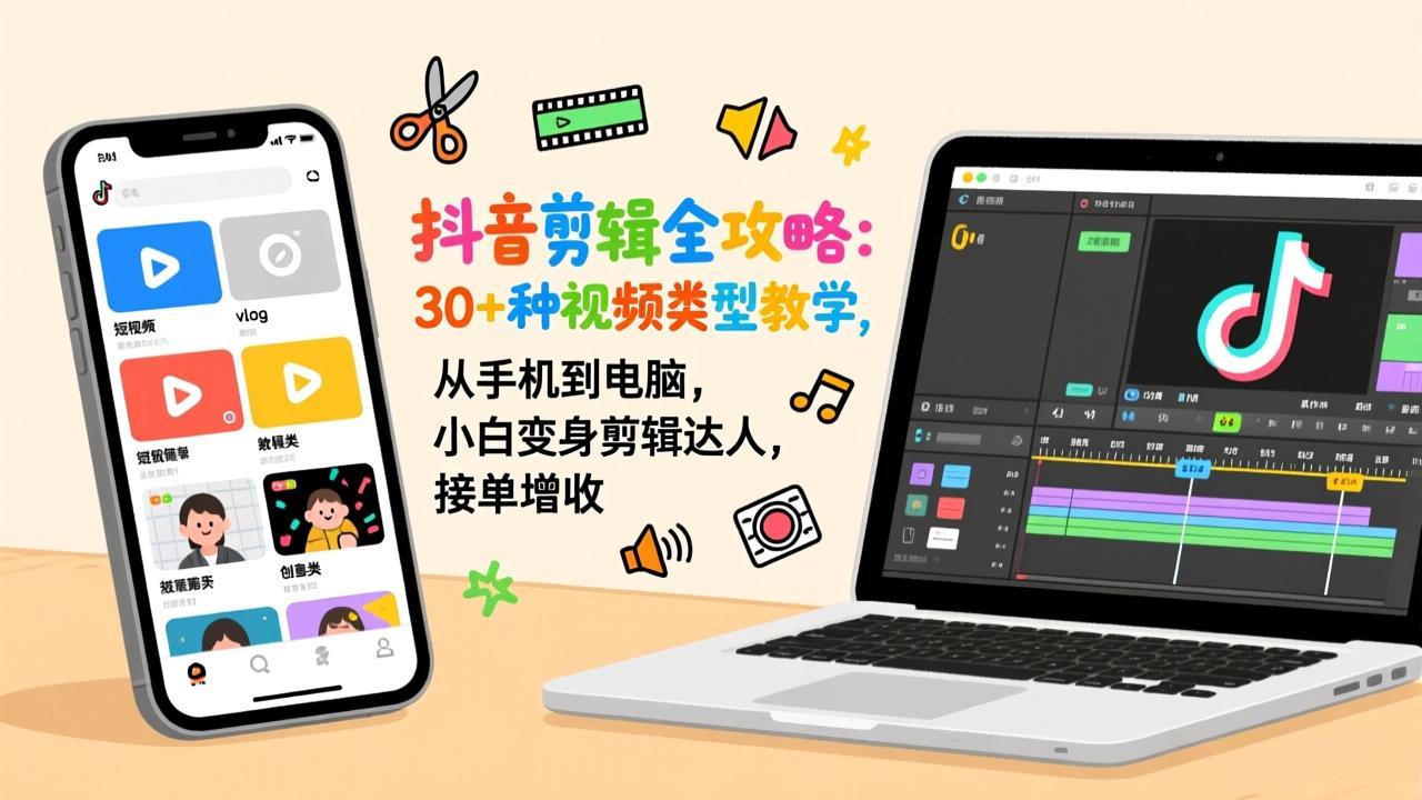 抖音剪辑全攻略：30+种视频类型教学，从手机到电脑，小白变身剪辑达人，接单增收-小言网创资源站