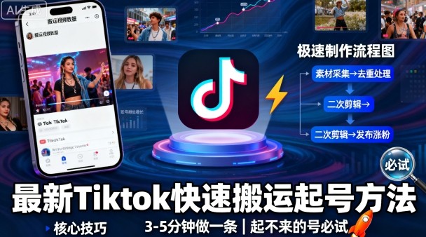 最新Tiktok快速搬运快速起号方法，3-5分钟做一条，起不来的号可以试试-小言网创资源站
