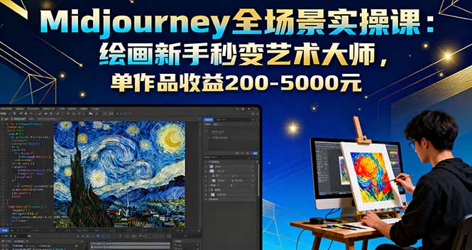 Midjourney全场景实操课：绘画新手秒变艺术大师，单作品收益200-5000元-小言网创资源站