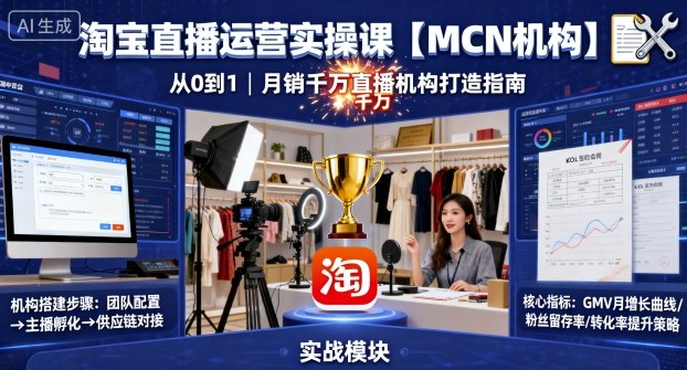 淘宝直播运营实操课【MCN机构】，从0到1做一家月销千W的直播机构-小言网创资源站