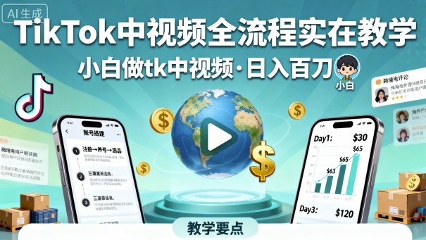 TikTok中视频全流程实操教学，小白做tk中视频，日入百刀-小言网创资源站