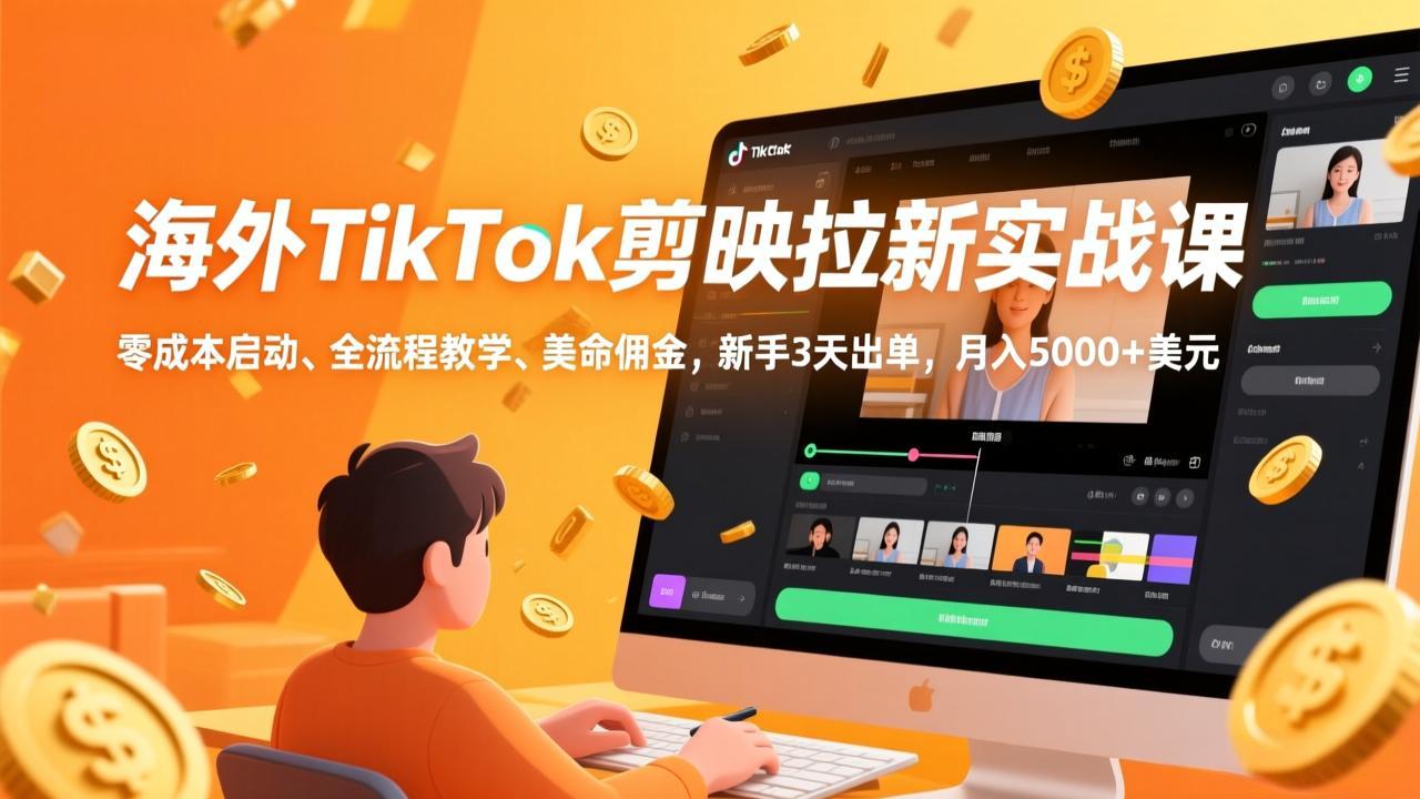 海外TikTok剪映拉新实战课，零成本启动、全流程教学、美金佣金，新手3天出单，月入5000+美元-小言网创资源站