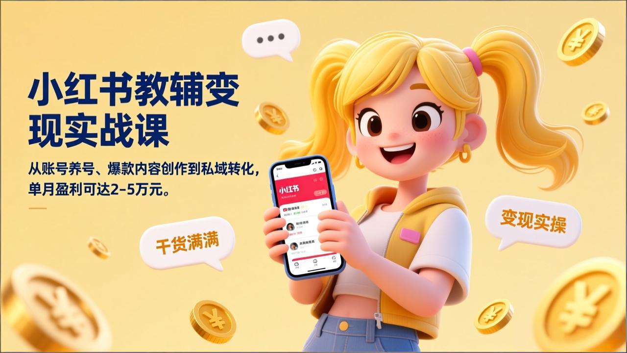 小红书教辅变现实战课，从账号养号、爆款内容创作到私域转化，单月盈利可达2-5万元-小言网创资源站