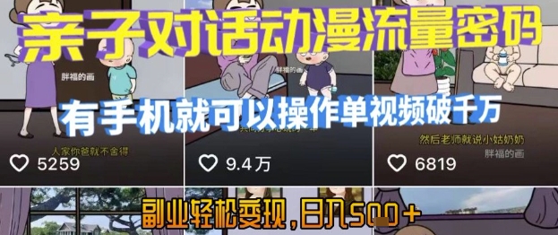 AI引爆短视频，亲子对话动漫流量密码，有手机就可以操作，单视频破千万播放，副业轻松变现，日入5张【揭秘】-小言网创资源站