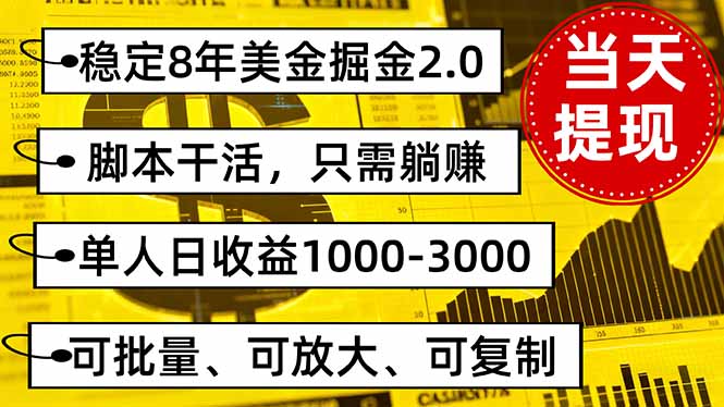 稳定8年美金掘金2.0脚本干活，只需躺赚。单人日收益1000-3000可批量、…-小言网创资源站