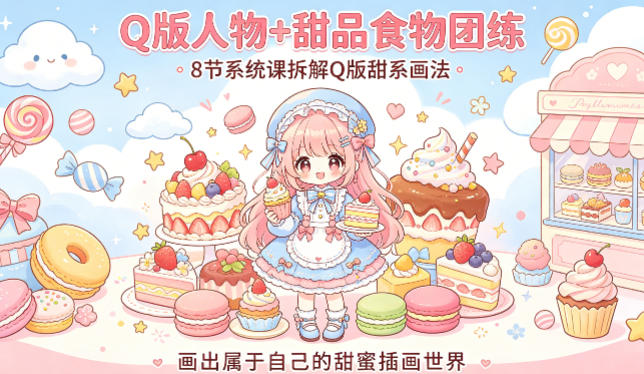 Q版人物+甜品食物团练，8节系统课拆解Q版甜系画法，画出属于自己的甜蜜插画世界-小言网创资源站